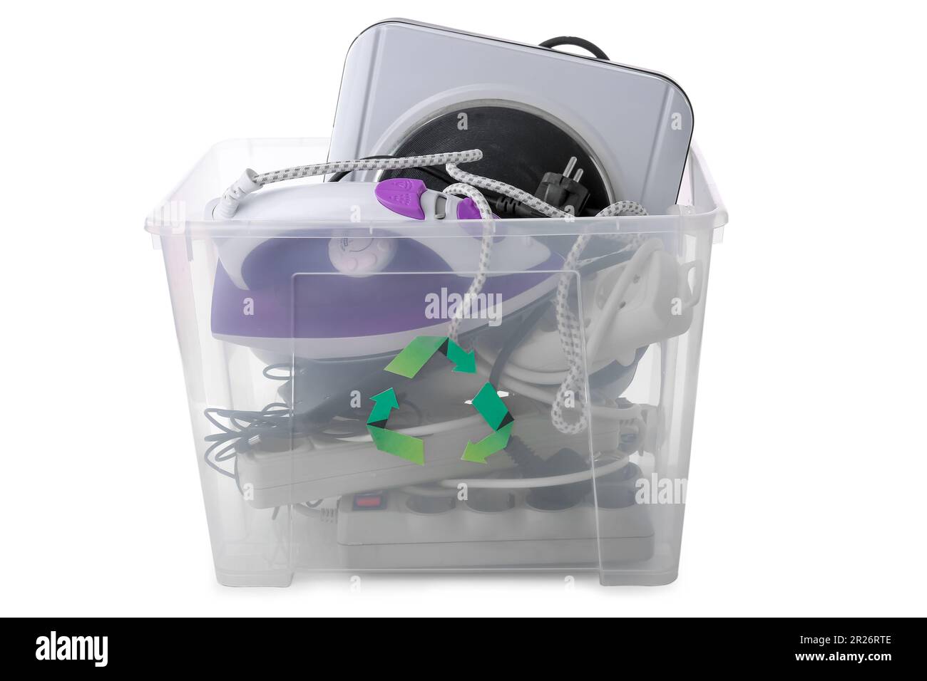 Recycle bin with different household appliances on white background