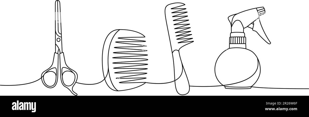 Set of barber shop tools one line continuous drawing. Hairdresser spray ...