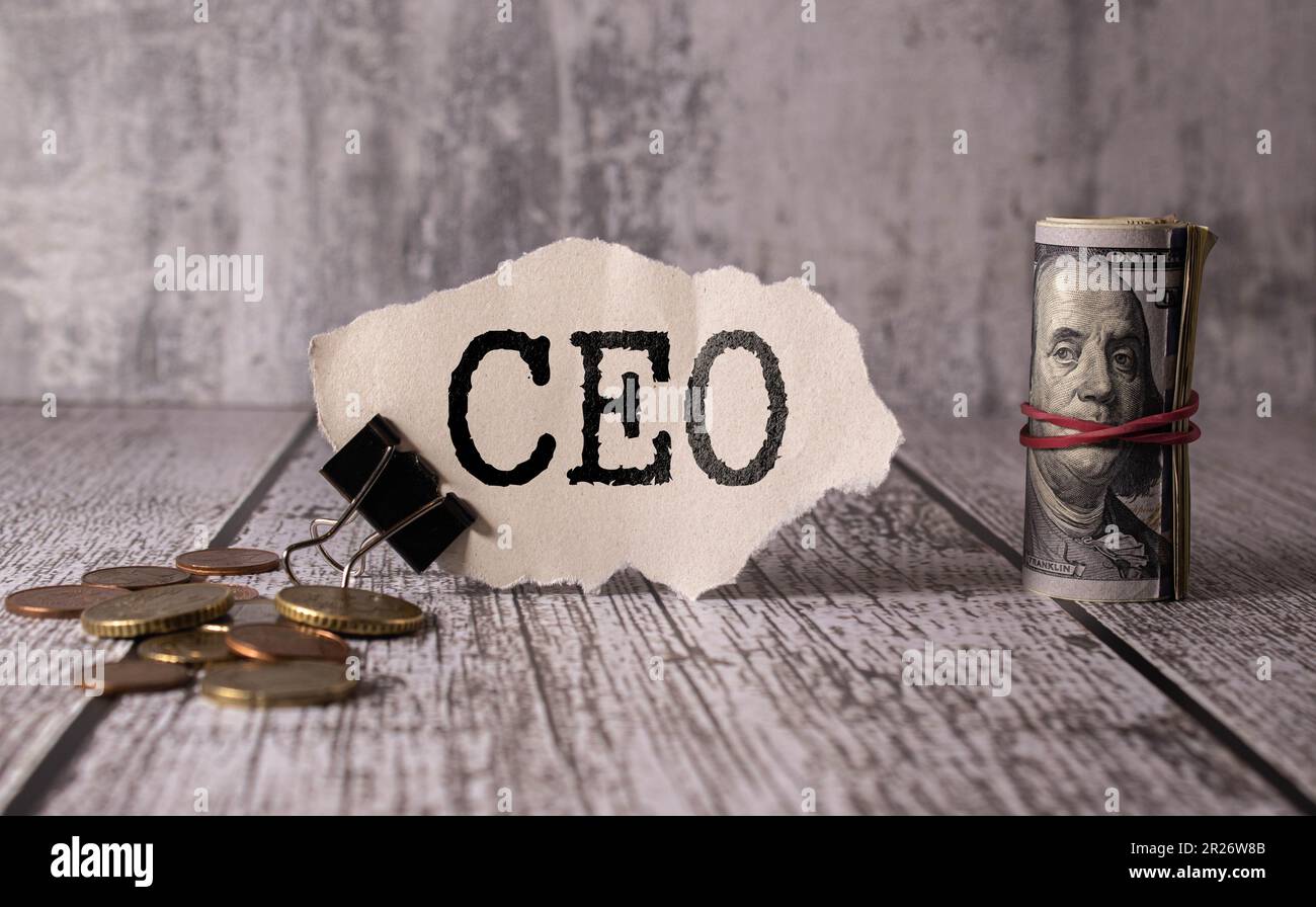 wooden cubes with the word CEO stand on financial background, business concept. Stock Photo