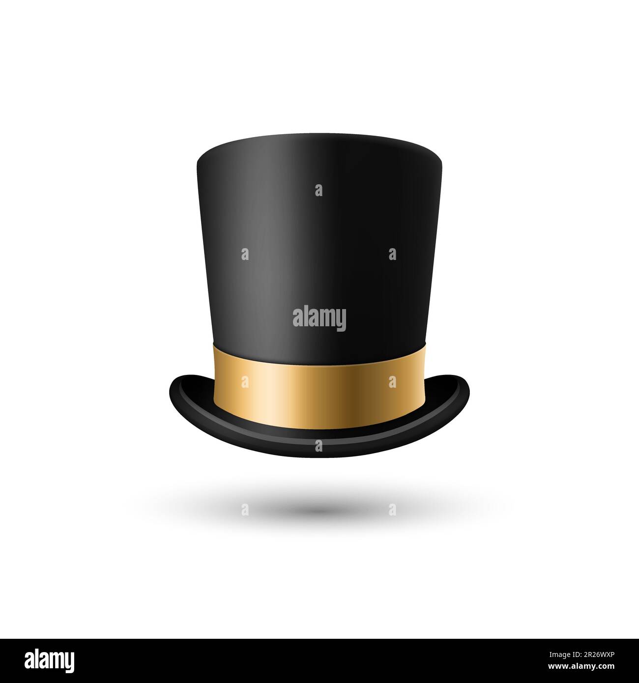 Vector 3d Realistic Black Top Hat Icon with Golden Ribbon Closeup