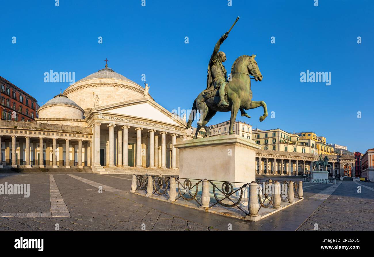 Neaples - The Basilica Reale Pontificia San Francesco da Paola and monument to Charles VII of Naples  - Piazza del Plebiscito square. Stock Photo