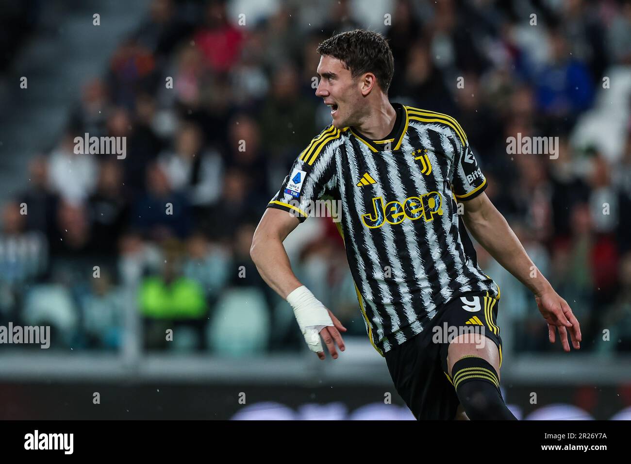 Turin, Italy. 14th May, 2023. Dusan Vlahovic of Juventus FC wearing the new  jersey Home Kit 23/24 during the Serie A 2022/23 football match between  Juventus FC and US Cremonese at the