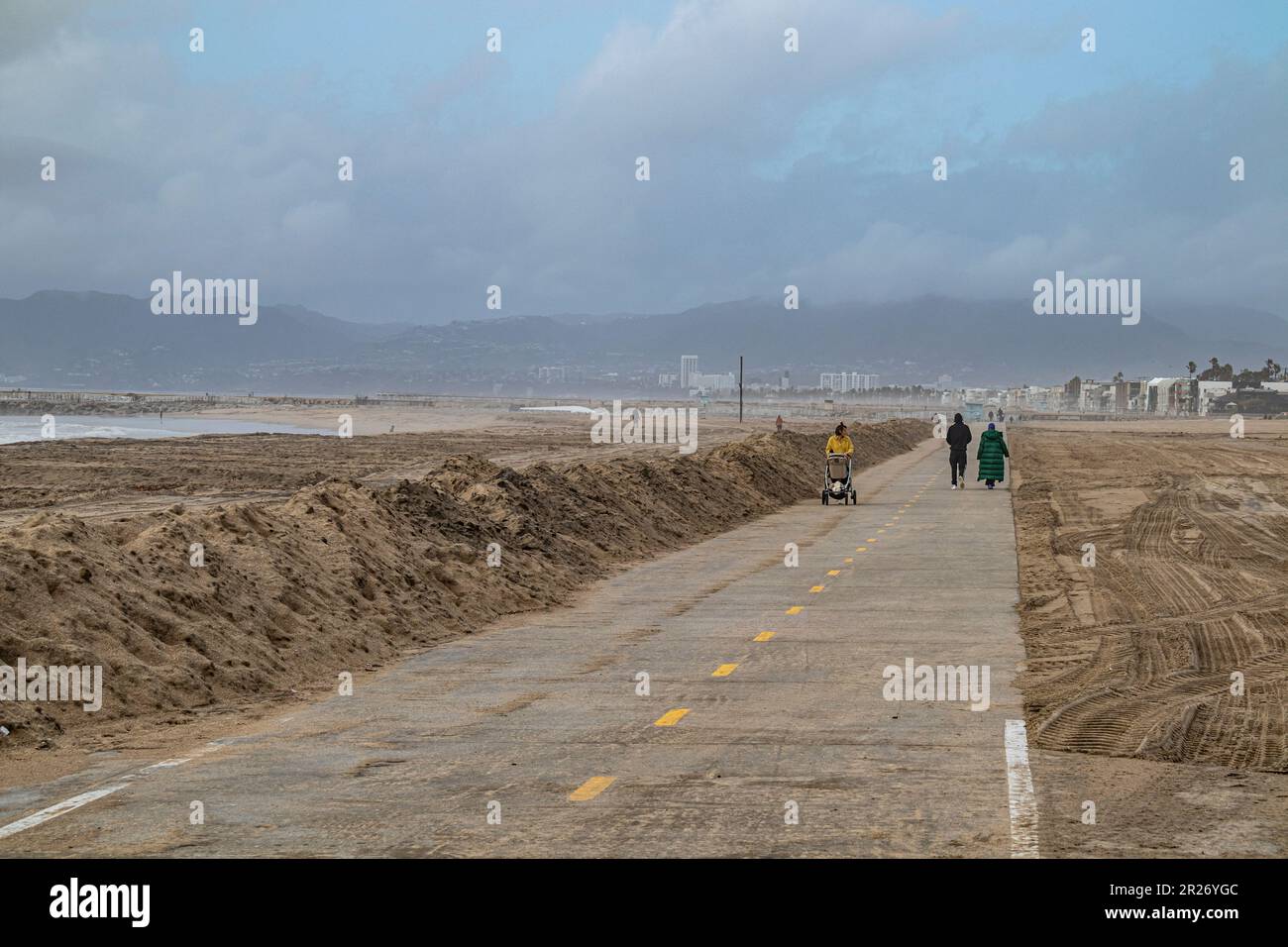 Large sand berms were built along Playa Del Rey to protect the beach and neighboring homes from storm surges during several major storms that hit Los Stock Photo