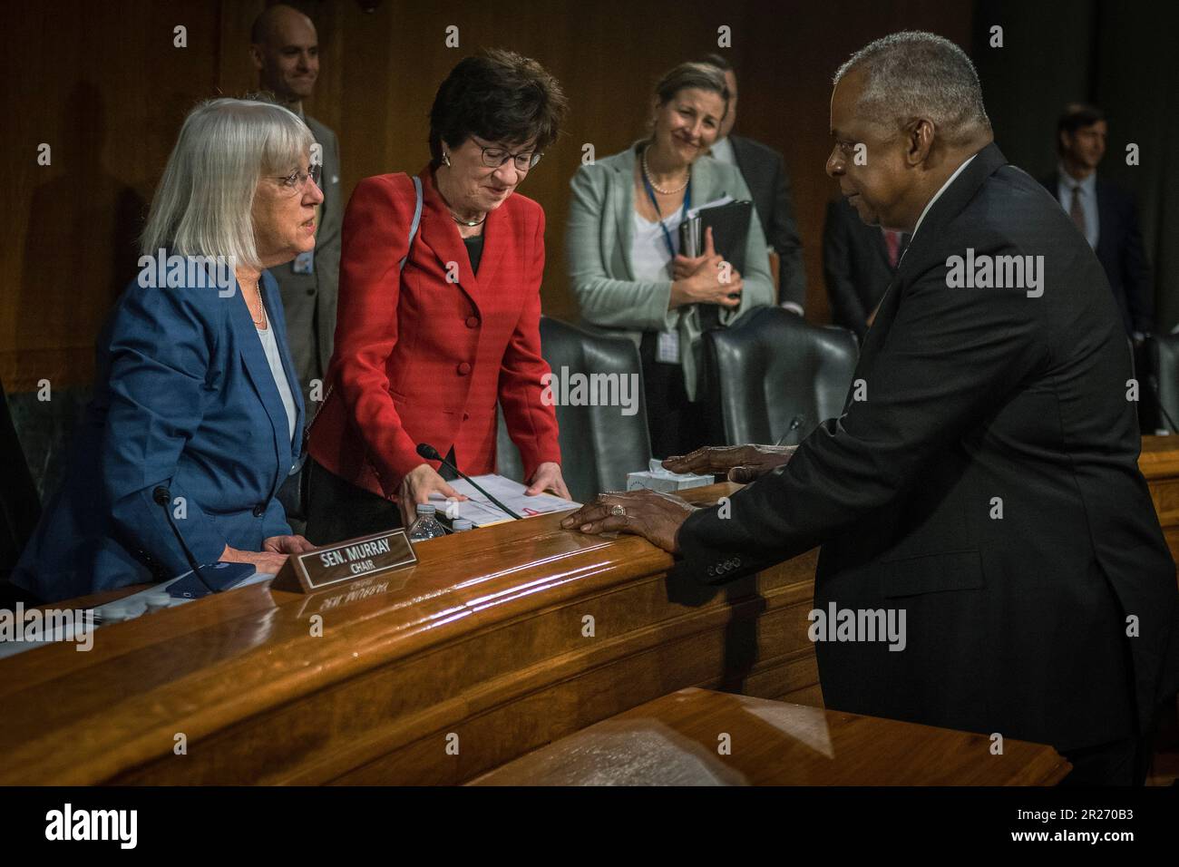 Arlington, United States Of America. 16th May, 2023. Arlington, United States of America. 16 May, 2023. U.S. Secretary of Defense Lloyd Austin III, right, chats with Senate Appropriations Committee Chair Sen. Patty Murray, left, and Ranking Minority member Sen. Susan Collins, center, following hearings discussing the U.S.- China Relationship as it effects the Fiscal Year 24 Budget on Capitol Hill, May 16, 2023 in Washington, DC Credit: Chad McNeeley/DOD/Alamy Live News Stock Photo