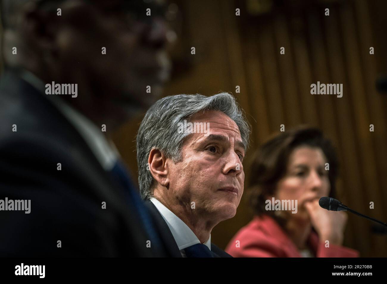 Arlington, United States Of America. 16th May, 2023. Arlington, United States of America. 16 May, 2023. U.S. Secretary of State Tony Blinken, center, listens during testimony at the Senate Appropriations Committee hearings discussing the U.S.- China Relationship as it effects the Fiscal Year 24 Budget on Capitol Hill, May 16, 2023 in Washington, DC Blinken was joined by Secretary of Defense Lloyd Austin, left, and Secretary of Commerce Gina Raimondo, right. Credit: Chad McNeeley/DOD/Alamy Live News Stock Photo