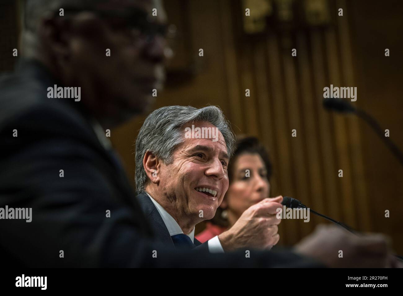 Arlington, United States Of America. 16th May, 2023. Arlington, United States of America. 16 May, 2023. U.S. Secretary of State Tony Blinken, center, smiles during testimony at the Senate Appropriations Committee hearings discussing the U.S.- China Relationship as it effects the Fiscal Year 24 Budget on Capitol Hill, May 16, 2023 in Washington, DC Blinken was joined by Secretary of Defense Lloyd Austin, left, and Secretary of Commerce Gina Raimondo, right. Credit: Chad McNeeley/DOD/Alamy Live News Stock Photo