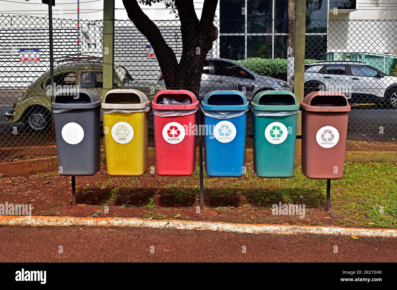RIBEIRAO PRETO, SAO PAULO, BRAZIL - April 16, 2023: Trash can recycle. Metal, Plastic, Paper, Glass and Organic Stock Photo