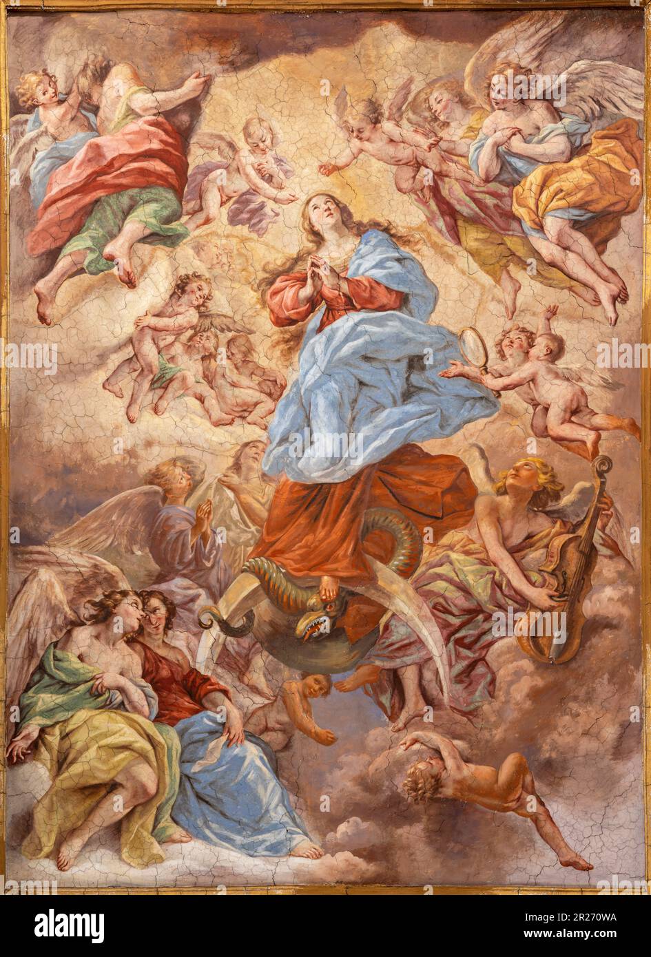 NAPLES, ITALY - APRIL 20, 2023: The fresco of  Glory of Immaculate in church Basilica di Santa Maria degli Angeli a Pizzofalcone Stock Photo