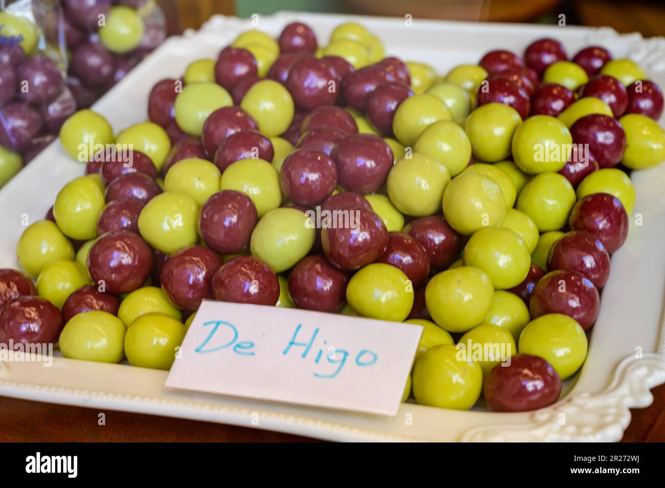 Sweet fruit candy beads in artisan Spanish confectionery shop, english