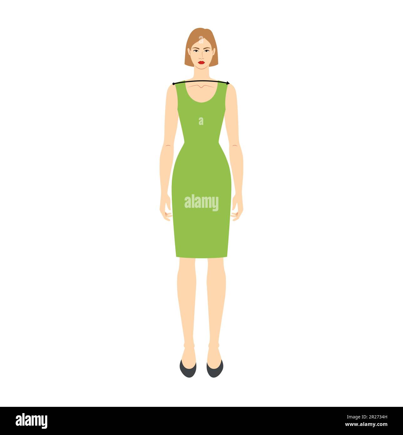 Women to do shoulder width measurement body with arrows fashion Illustration for size chart. Flat female character front 8 head size girl in green dress. Human lady infographic template for clothes Stock Vector