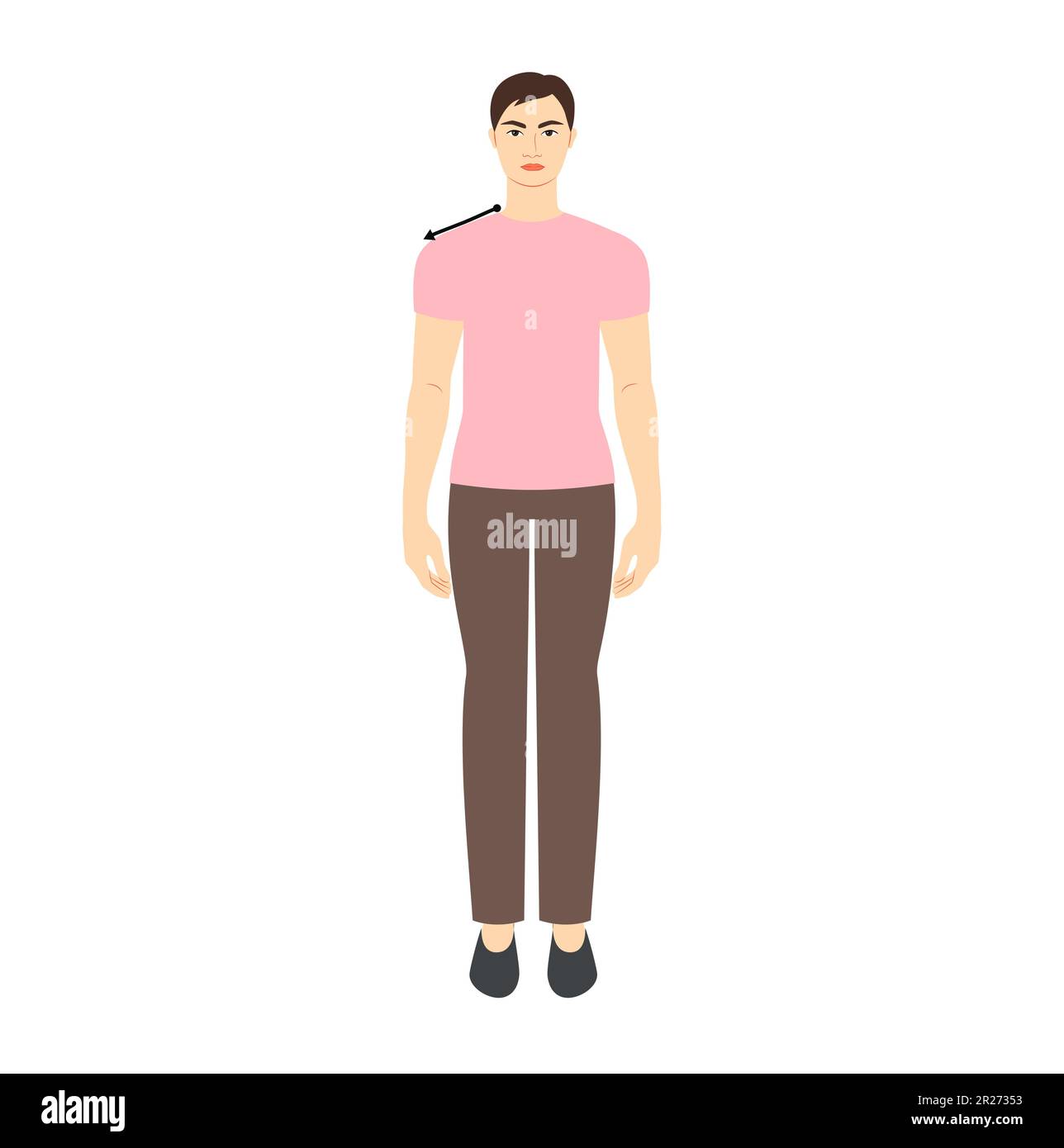 Men to do shoulder measurement body with arrows fashion Illustration for size chart. Flat male character front 8 head size boy in pink shirt. Human gentlemen infographic template for clothes Stock Vector