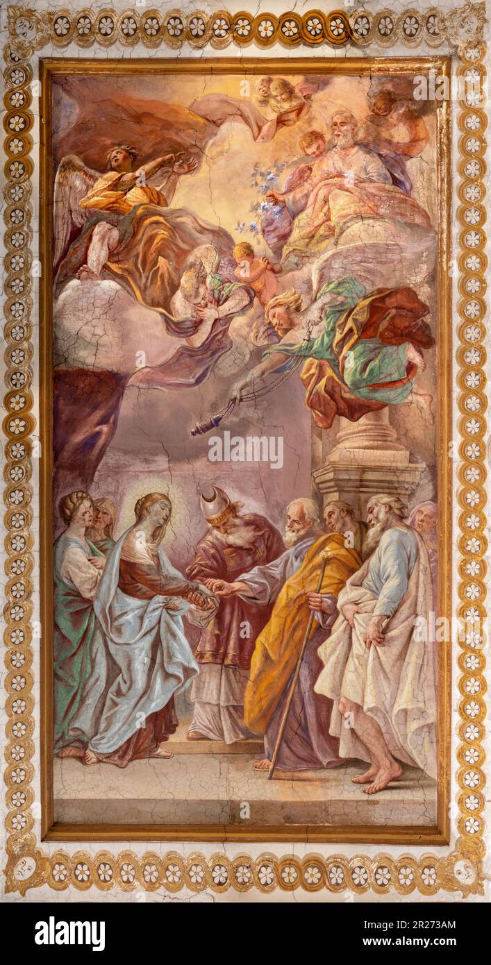 NAPLES, ITALY - APRIL 20, 2023: The fresco of  Wedding of Virgin Mary and St. Joseph in church Basilica di Santa Maria degli Angeli a Pizzofalcone Stock Photo