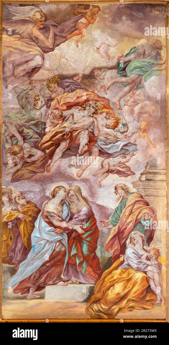 NAPLES, ITALY - APRIL 20, 2023: The fresco of Visitation in church Basilica di Santa Maria degli Angeli a Pizzofalcone by  Giovan Battista Beinaschi Stock Photo