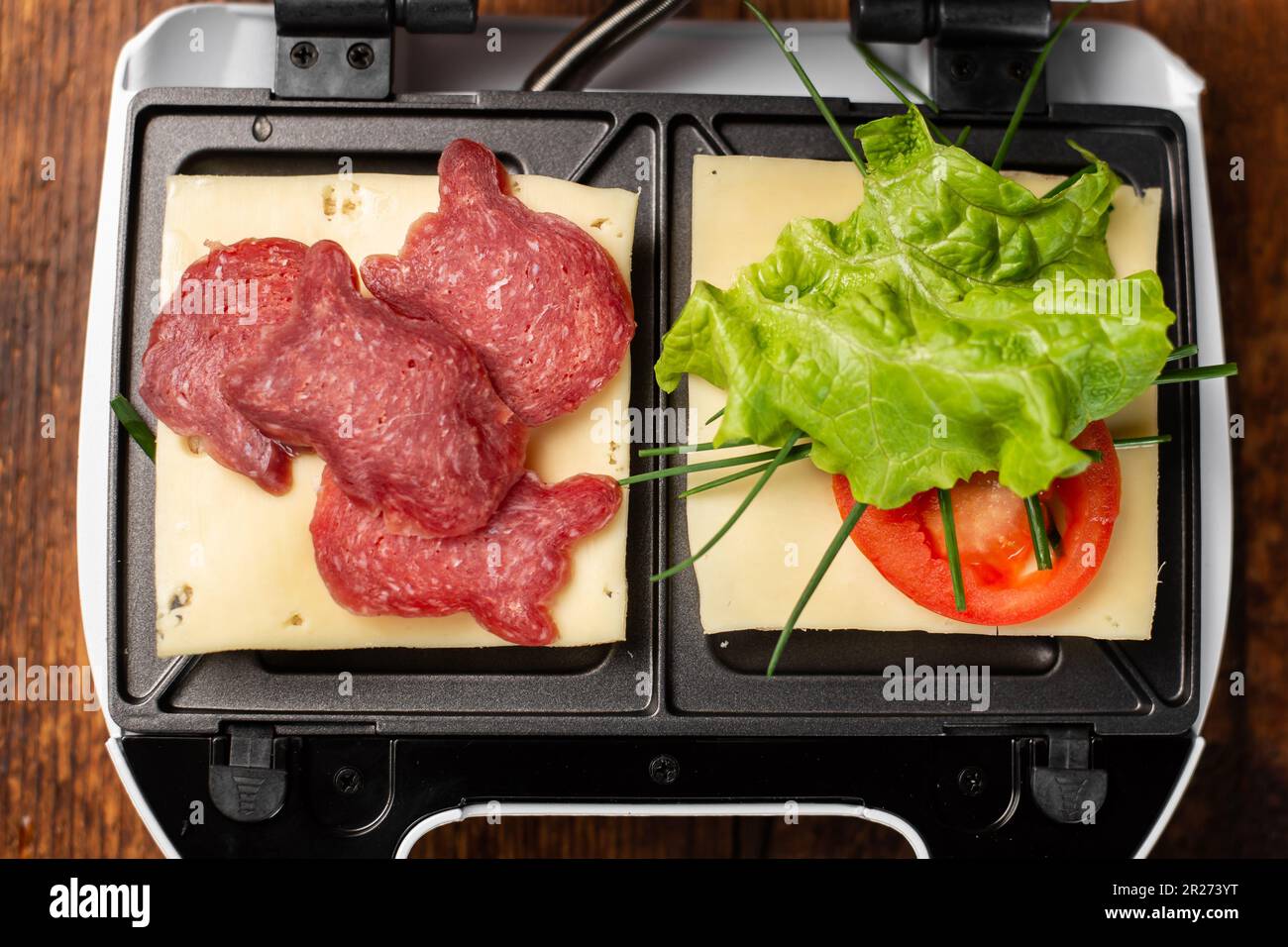 Vegetarian and meat sandwich in a sandwich maker. Different types of