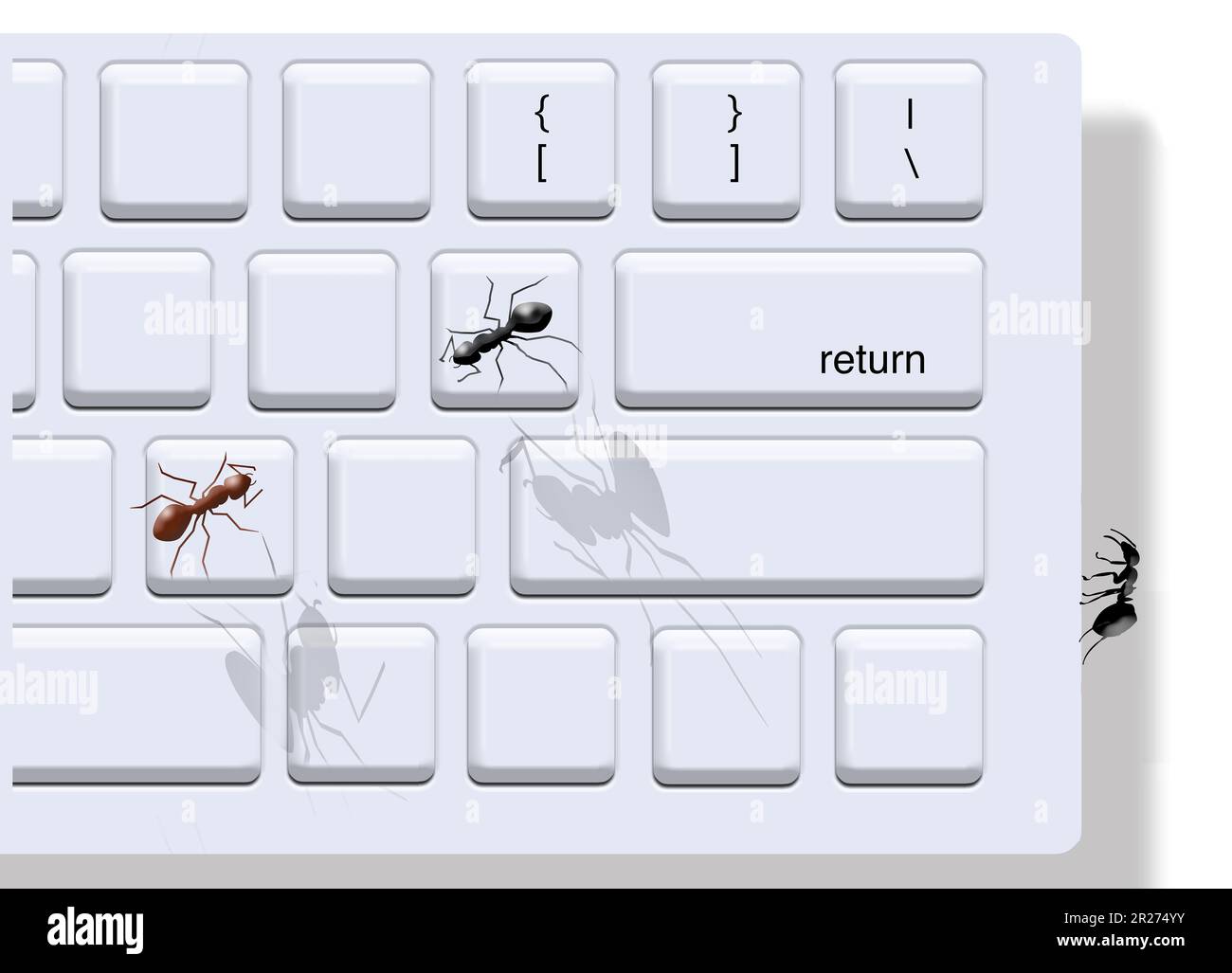 Office ants invade a computer keyboard in a 3-d illustraton about insect pest control and extermination. Stock Photo