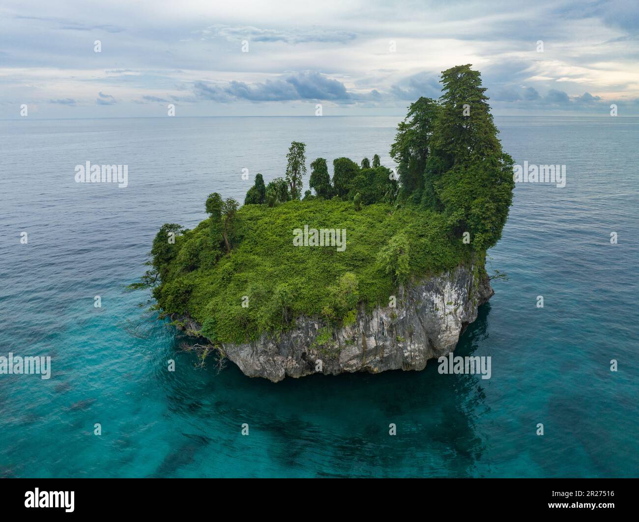 A lone limestone island, covered by vegetation, rises from West Papua's seascape. This remote part of Indonesia is known for its high biodiversity. Stock Photo