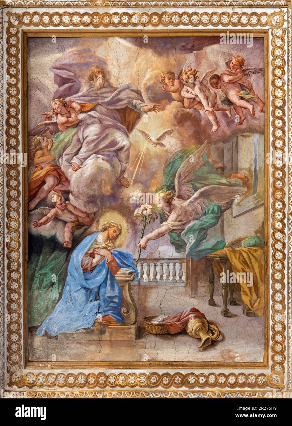 NAPLES, ITALY - APRIL 20, 2023: The fresco of Annunciation in church Basilica di Santa Maria degli Angeli a Pizzofalcone by  Giovan Battista Beinaschi Stock Photo