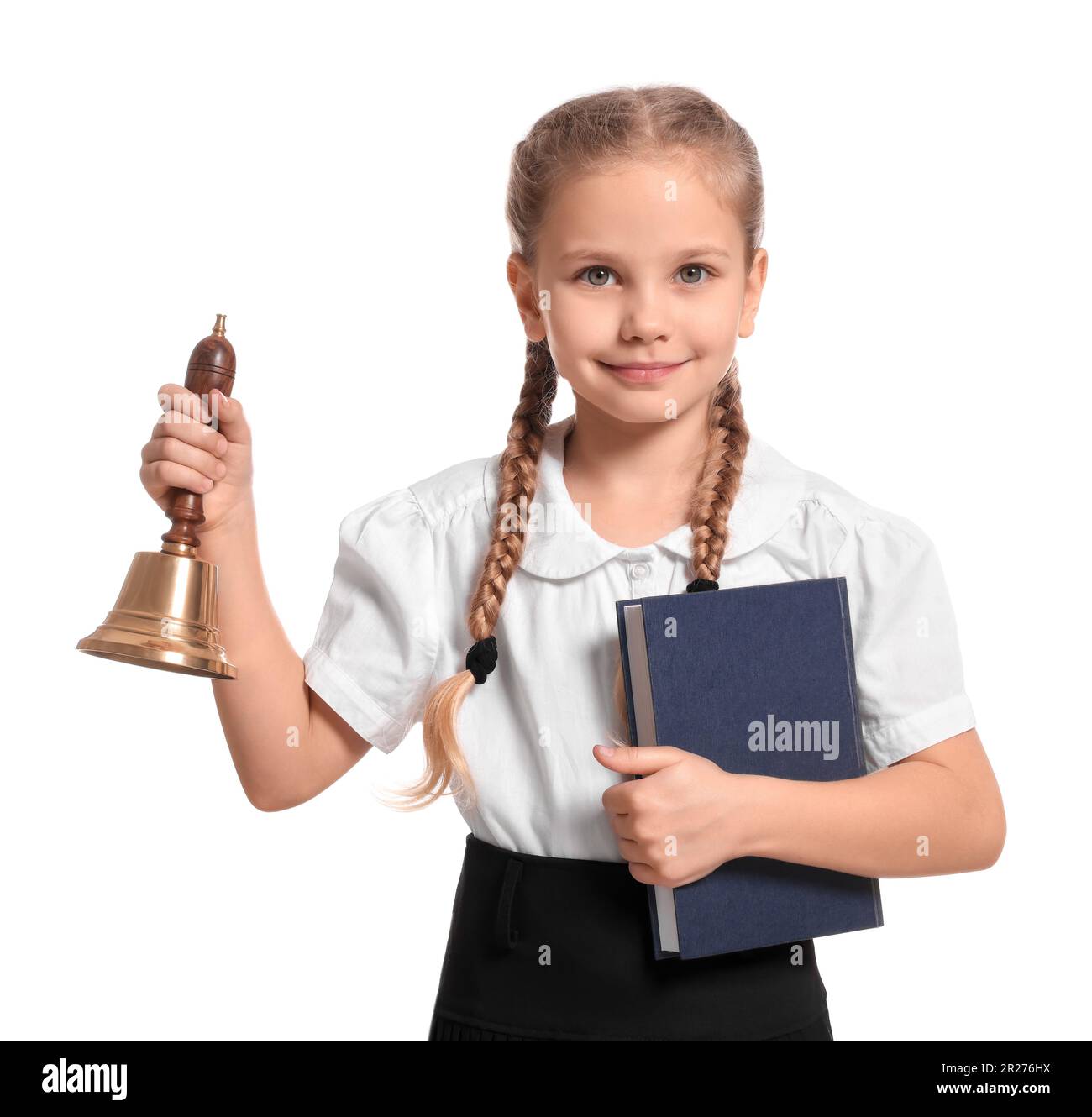 Pupil with school bell on white background Stock Photo Alamy