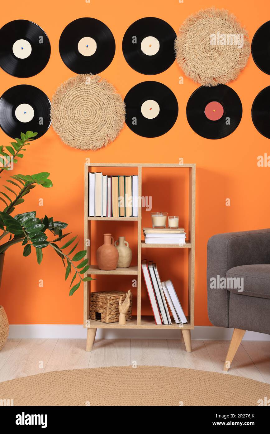 Living room interior decorated with vinyl records Stock Photo - Alamy