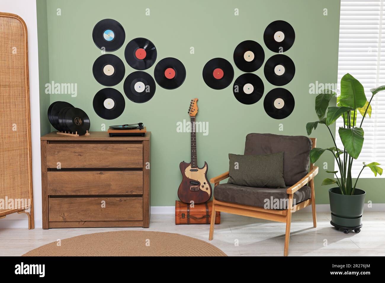 Living room interior decorated with vinyl records Stock Photo - Alamy