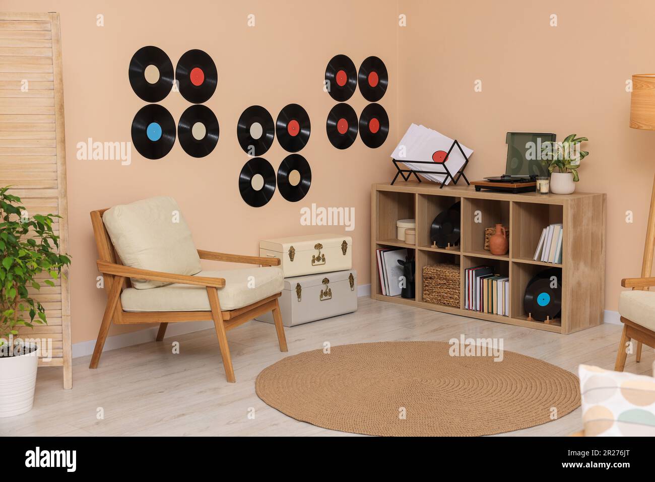 Living room interior decorated with vinyl records Stock Photo - Alamy