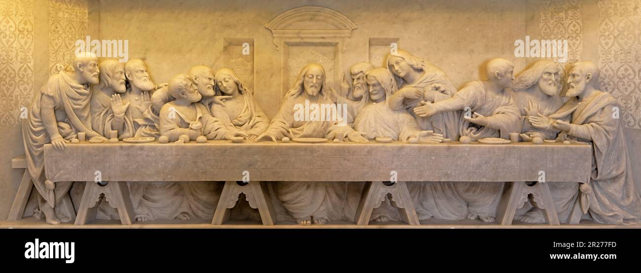 NAPLES, ITALY - APRIL 21, 2023: The relief of Last supper from altar of church Chiesa del Cenacolo by Aristide Ricca (1886). Stock Photo