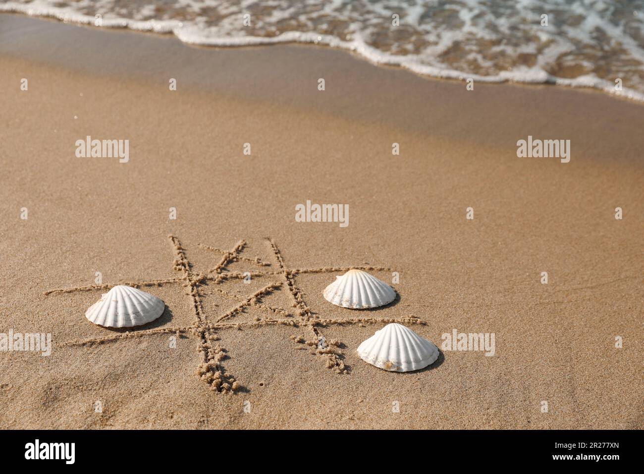 Tic Shells Playing Tic tac toe game with shells on sand near sea. Space for text ...
