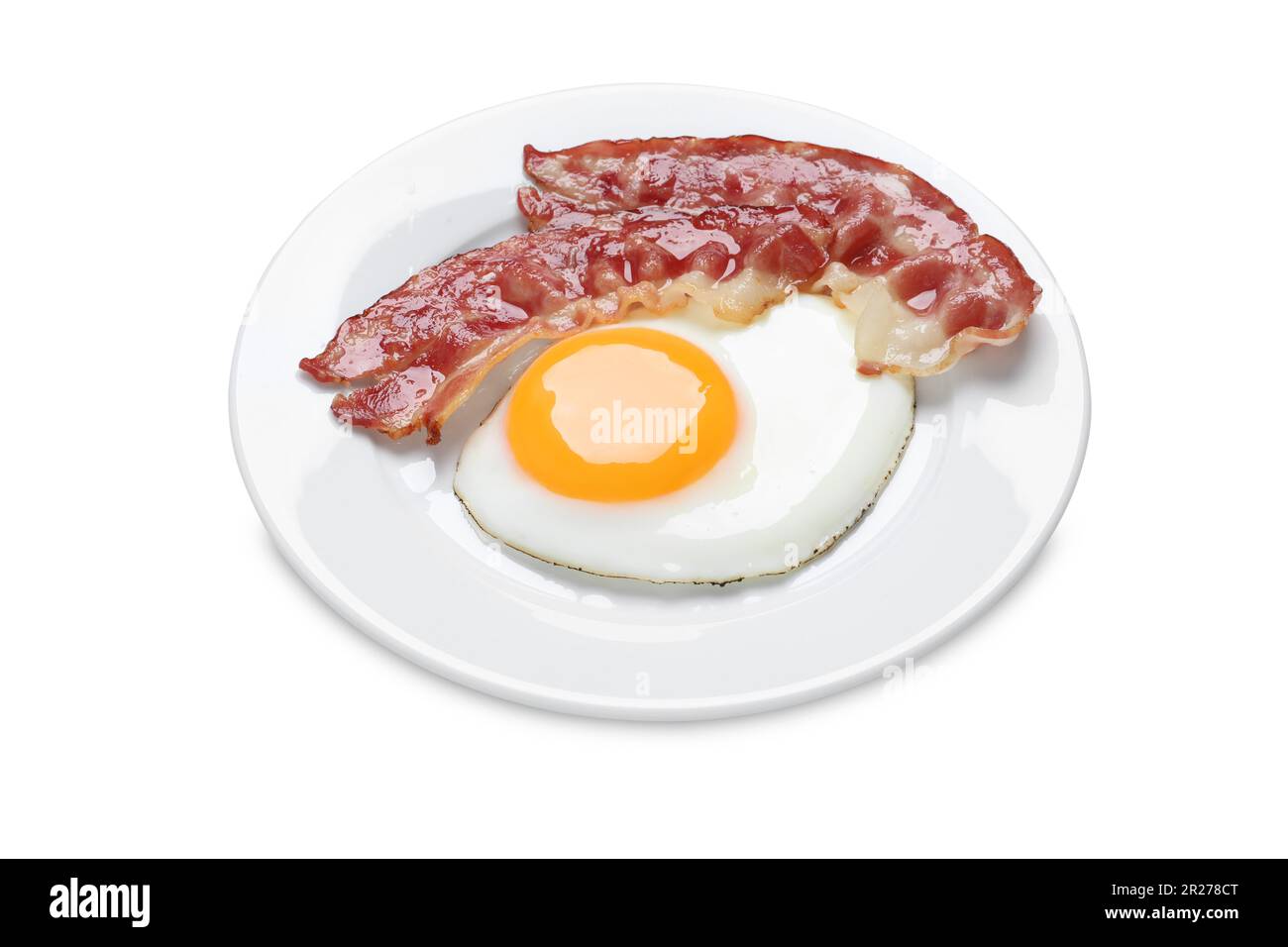 Plate with delicious fried egg and bacon isolated on white Stock Photo ...