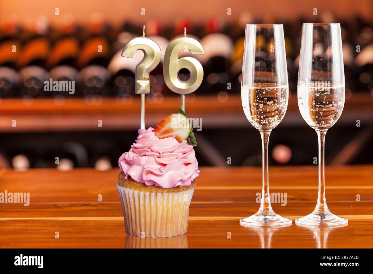 Cupcake With Numbers And Glasses With Wine For Birthday Or Anniversary Stock Photo