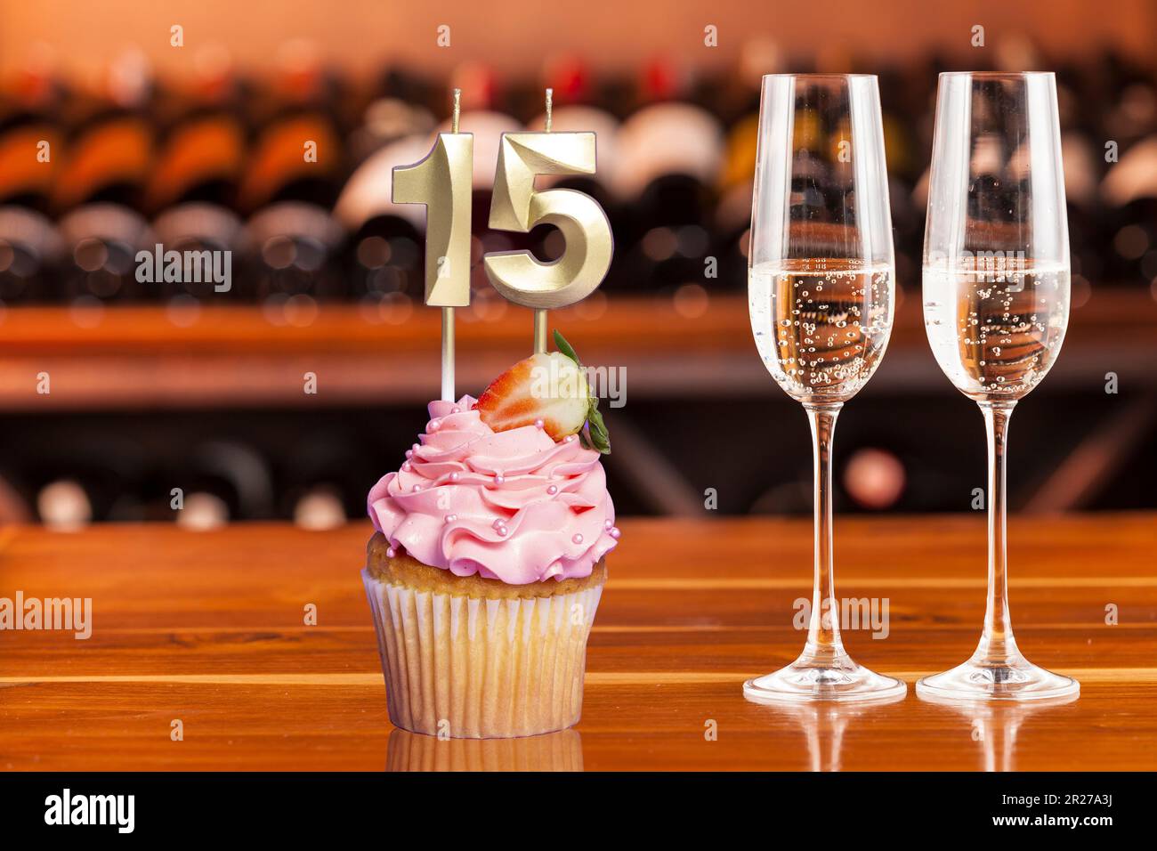 Cupcake With Numbers And Glasses With Wine For Birthday Or Anniversary Stock Photo