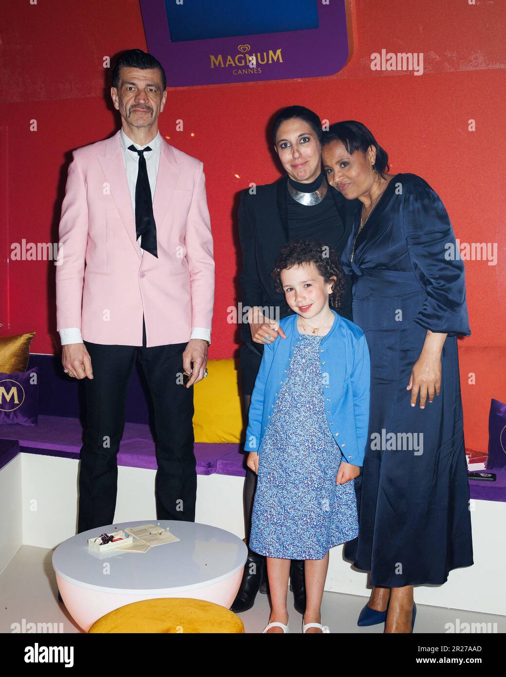 Cannes, France. 17th May, 2023. Arnaud Rebotini, director Marie  Amachoukeli, Ilca Moreno, Louise Mauroy-Panzani attending a party for the  film Ama Gloria at Magnus beach on May 17, 2023 in Cannes, France.