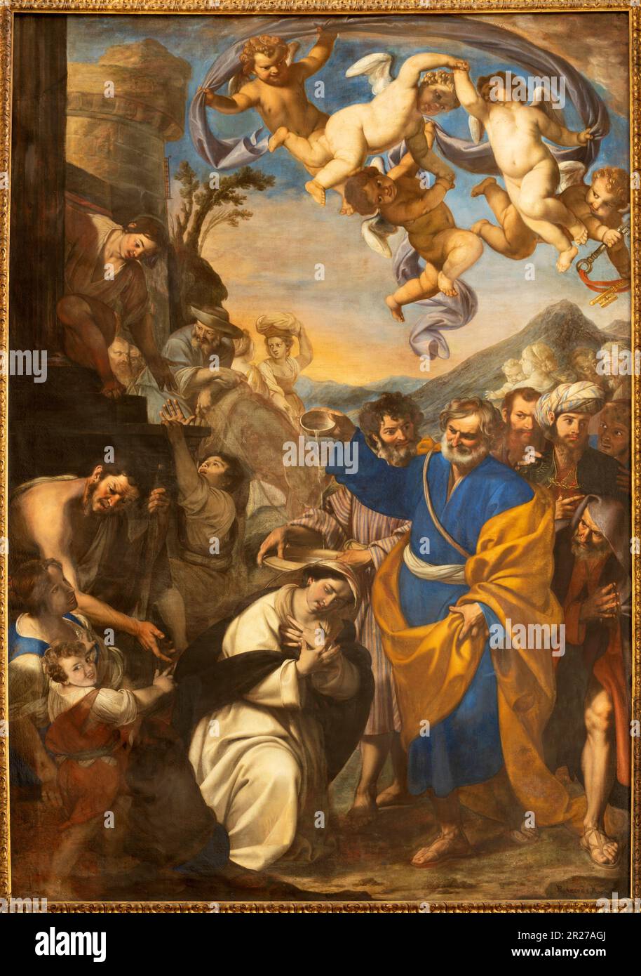 NAPLES, ITALY - APRIL 22, 2023: The painting of Baptism of Saint Candida in the church Basilica di San Pietro ad Aram by Franceso de Rosa (1607 - 1656 Stock Photo