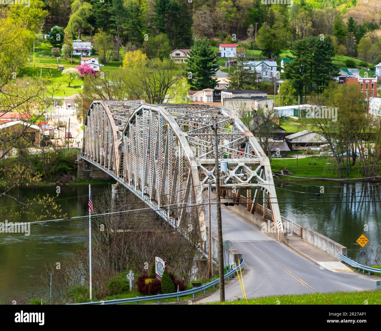 The Tidioute Bridge that crosses over the Allegheny River into town in Tidioute, Pennsylvania