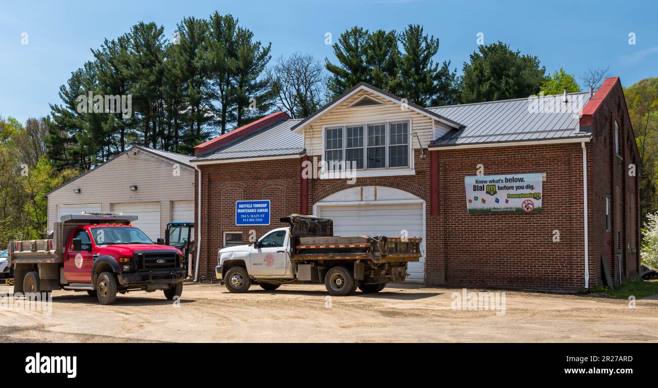Trucks parked in front of the Sheffield Township Maintenance Garage on