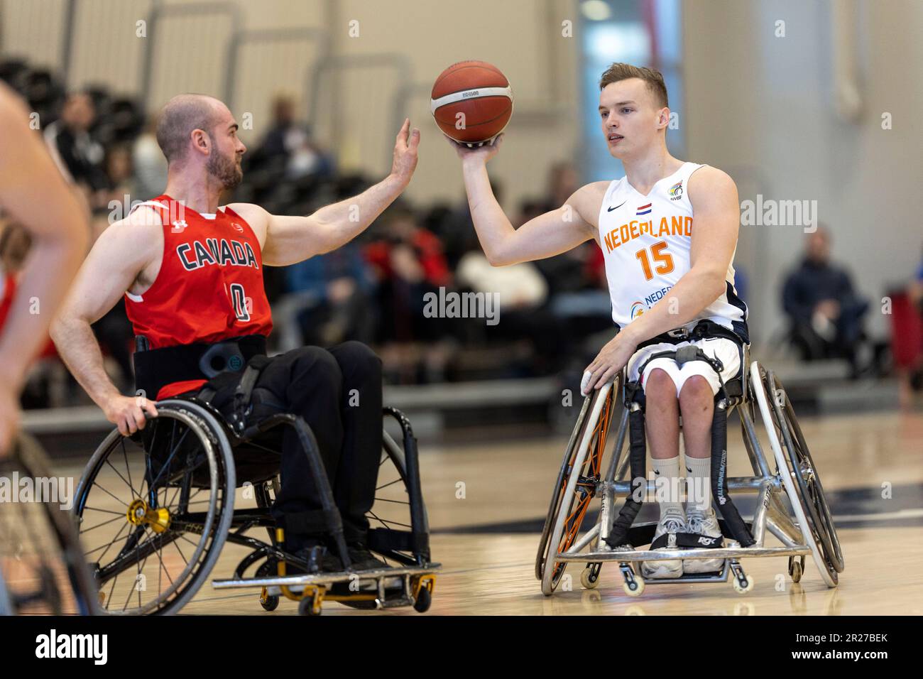 Ottawa, Canada. 17 May 2023. Lee Melymick (10) of the Canada Men's wheelchair basketball team and Quinetn Zantinge (15) of the Netherlands Men's wheelchair basketball team in men’s wheelchair basketball action in the Canada development squad versus the Netherlands national team in the Ottawa Invitational Tournament at Carleton University. Copyright 2023 Sean Burges / Mundo Sport Images / Alamo Live News. Stock Photo