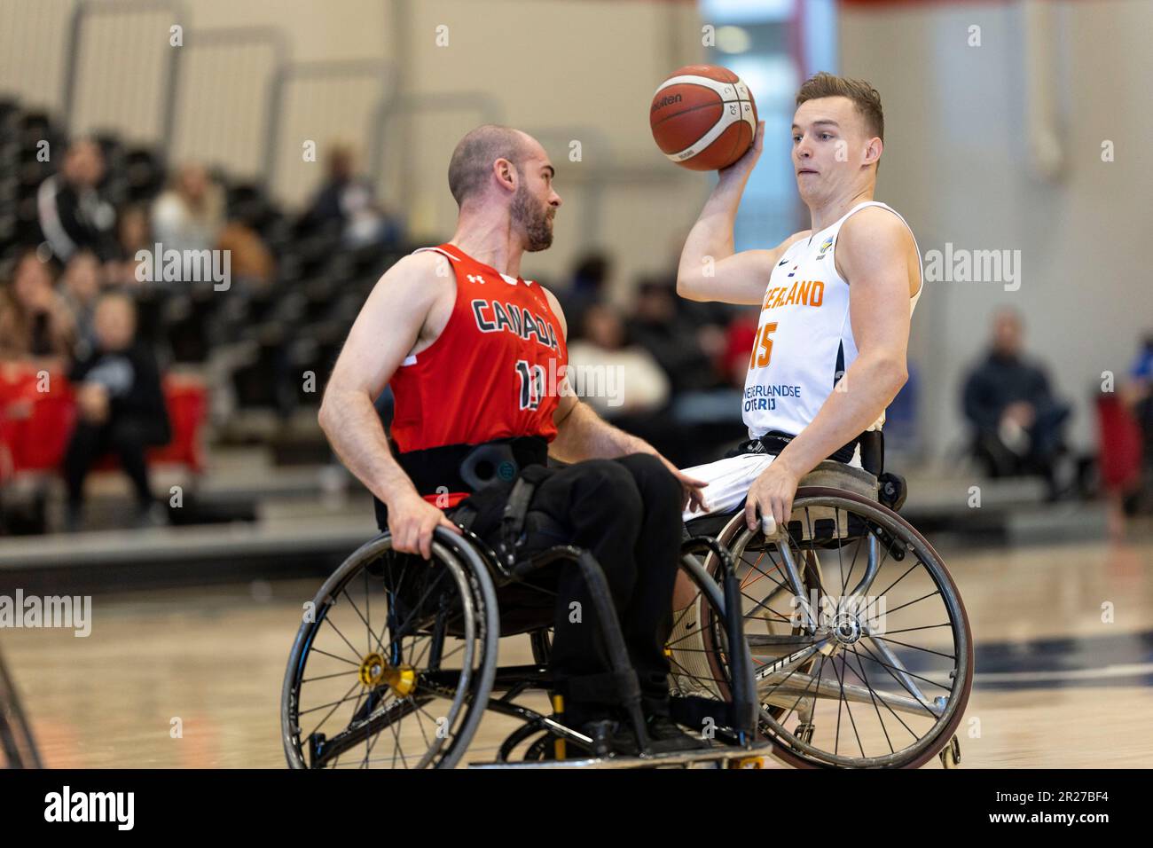 Ottawa, Canada. 17 May 2023. Lee Melymick (10) of the Canada Men's wheelchair basketball team and Quinetn Zantinge (15) of the Netherlands Men's wheelchair basketball team in men’s wheelchair basketball action in the Canada development squad versus the Netherlands national team in the Ottawa Invitational Tournament at Carleton University. Copyright 2023 Sean Burges / Mundo Sport Images / Alamo Live News. Stock Photo