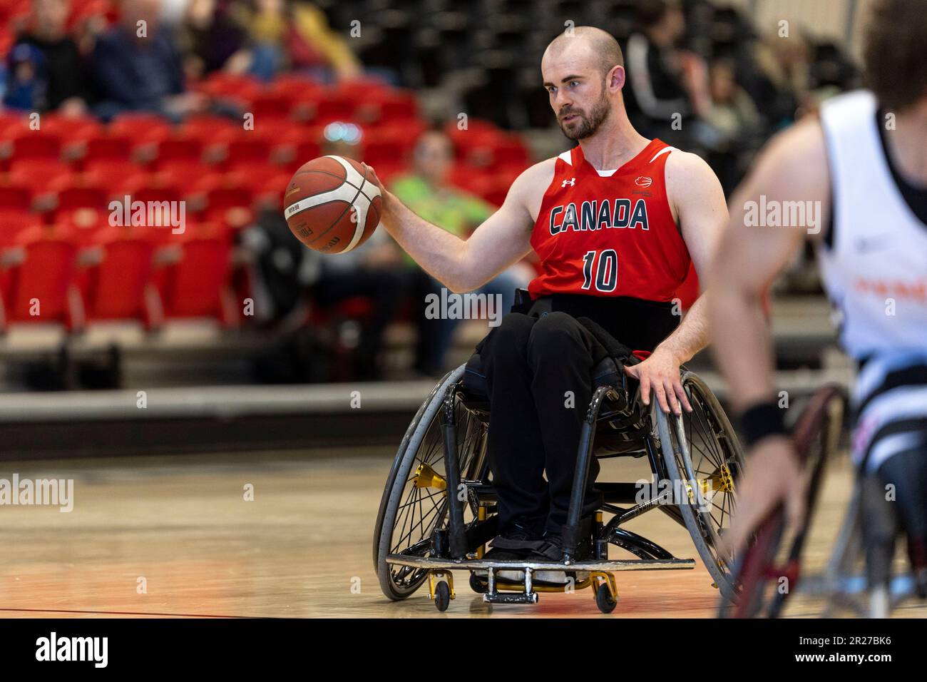 Ottawa, Canada. 17 May 2023. Lee Melymick (10) of the Canada Men's wheelchair basketball team in men’s wheelchair basketball action in the Canada development squad versus the Netherlands national team in the Ottawa Invitational Tournament at Carleton University. Copyright 2023 Sean Burges / Mundo Sport Images / Alamo Live News. Stock Photo