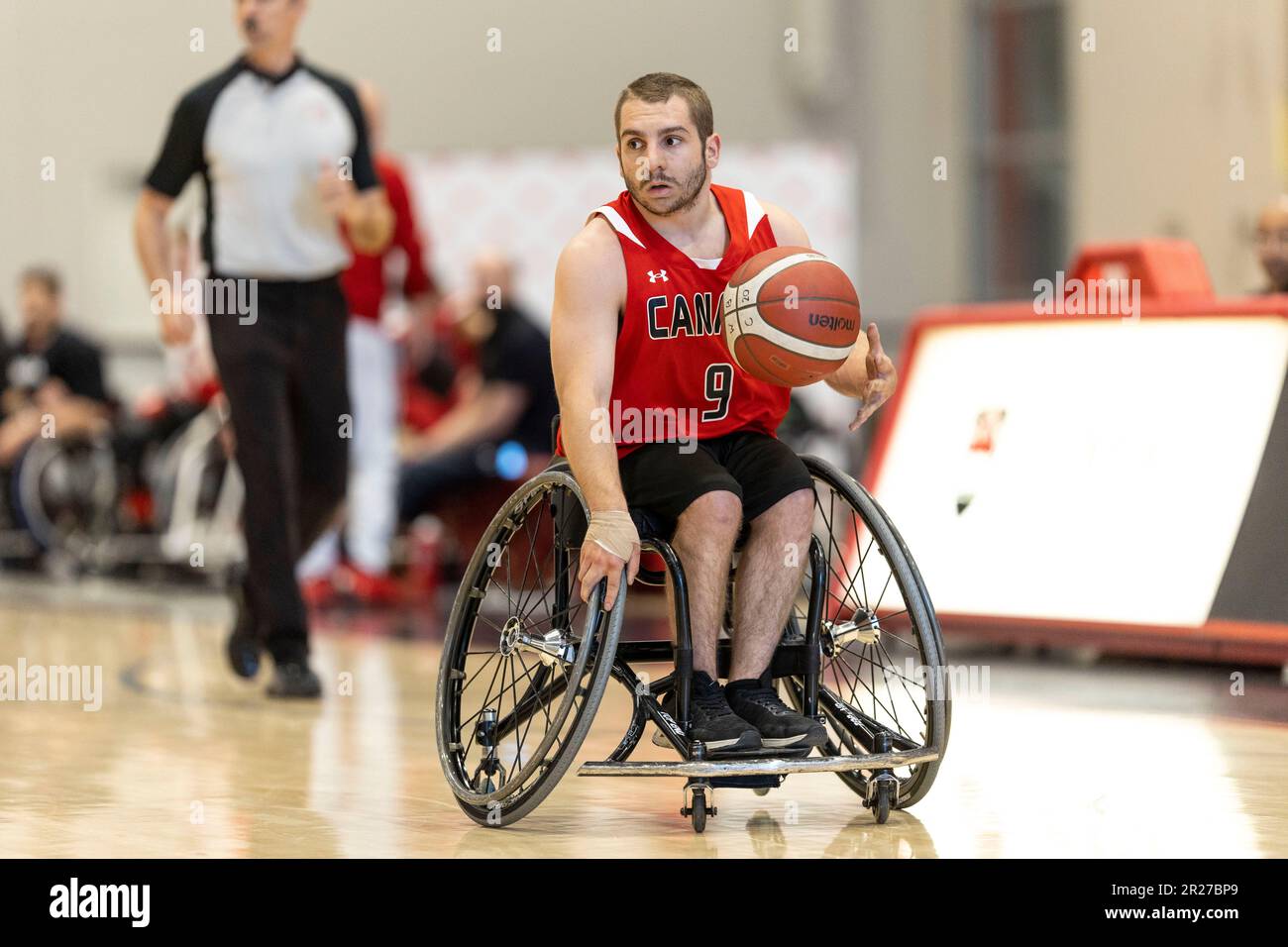 Ottawa, Canada. 17 May 2023. Collin Lalonde (9) of the Canada Men's wheelchair basketball team in men’s wheelchair basketball action in the Canada development squad versus the Netherlands national team in the Ottawa Invitational Tournament at Carleton University. Copyright 2023 Sean Burges / Mundo Sport Images / Alamo Live News. Stock Photo