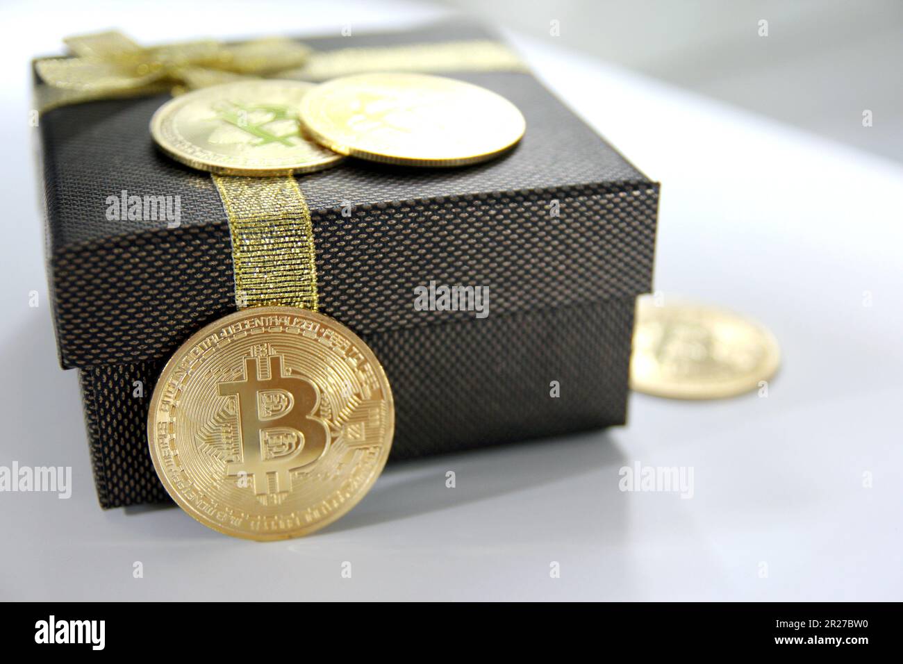 crypto currency business. bitcoin coin finance concept. Shooting around bitcoins on an office desk Stock Photo