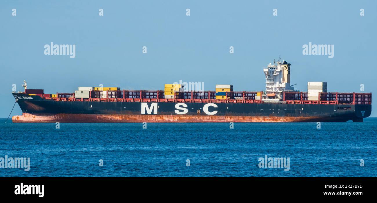Big container ship MSC Meline is ancored at Vancouver Canada harbour