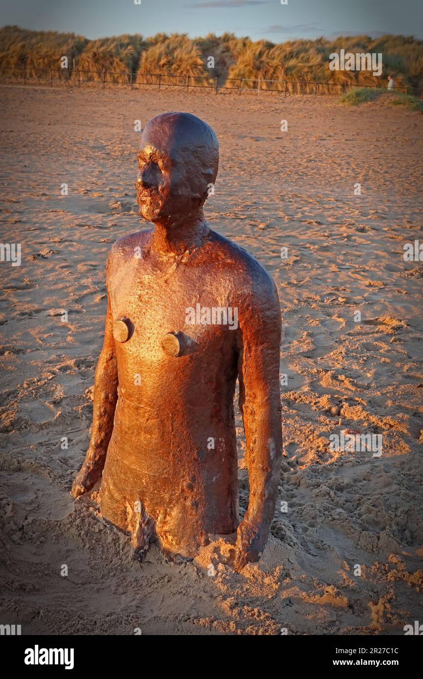 Antony Gormley, Another Place artwork sculpture, cast iron figures, located between Waterloo and Blundellsands, Merseyside, UK, Stock Photo
