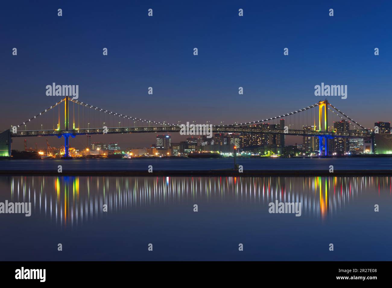 The evening twilight of Rainbow Bridge specially light up from Harumifuto Stock Photo