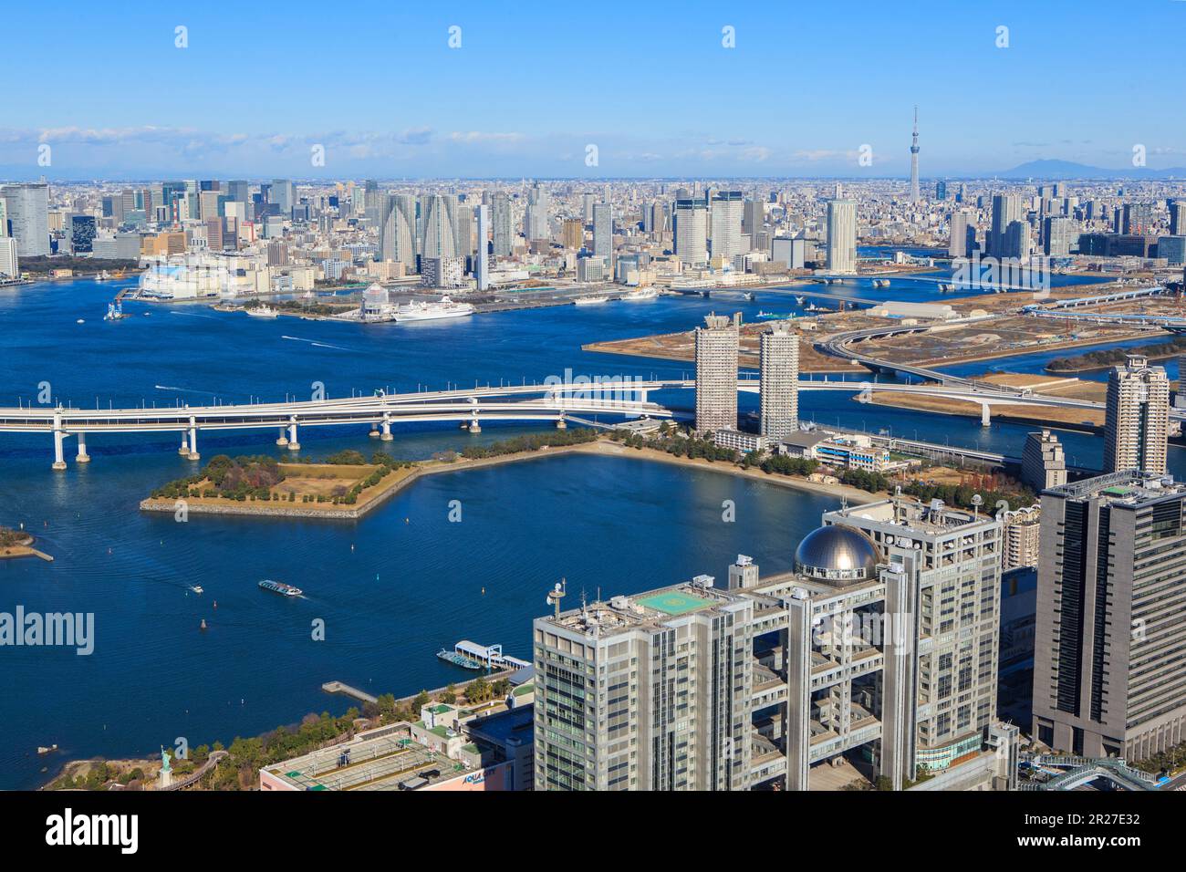 The area around Odaiba and Tokyo Skytree from above Koto Ward Stock Photo