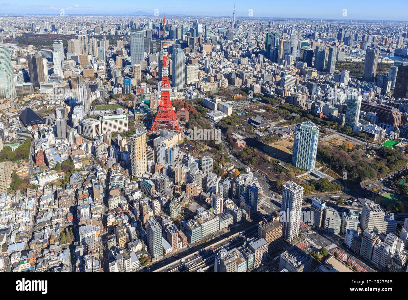 Tokyo Tower and Tokyo Skytree from above Minato Ward Stock Photo