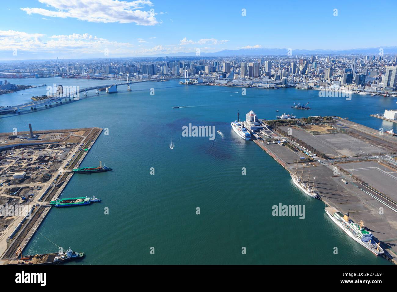 View of Harumi Pier and market front and Rainbow Bridge and Mount Fuji from the sky Stock Photo