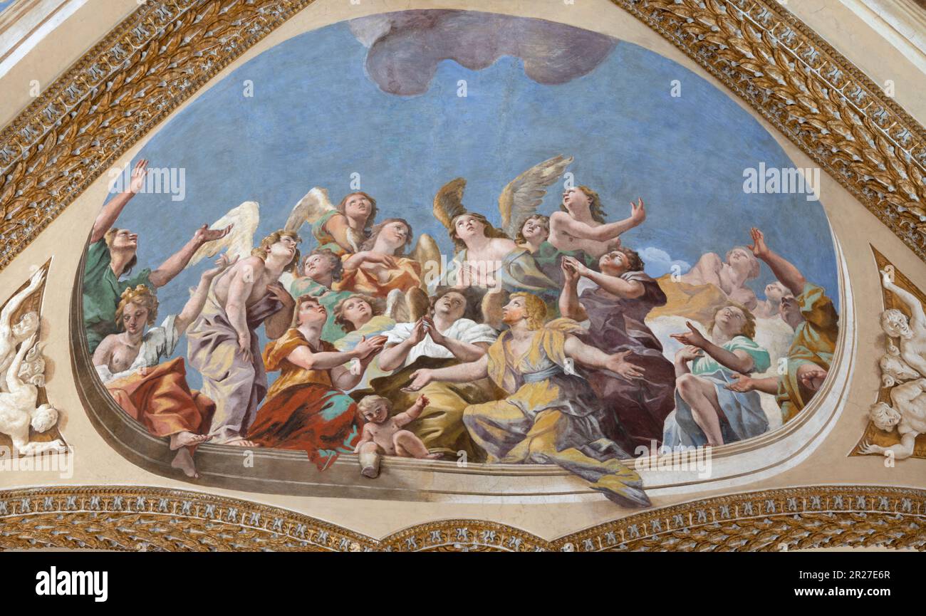 NAPLES, ITALY - APRIL 21, 2023: The fresco of angels adorating Resurected Jesus in the church Certosa di San Martino by Giovanni Lanfranco Stock Photo