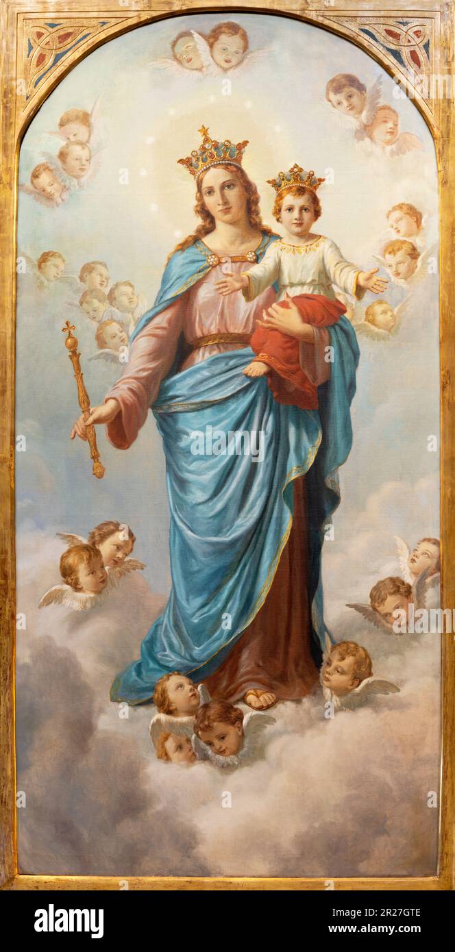 NAPLES, ITALY - APRIL 21, 2023: The painting of Madonna (Mary Help of Christians) in church Chiesa di Sacro Cuore by P. di Domenico (1933). Stock Photo