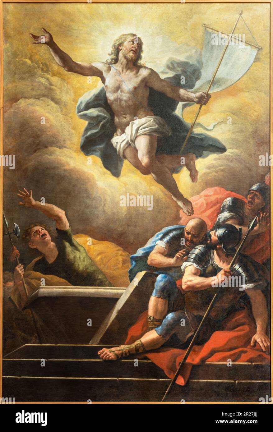 NAPLES, ITALY - APRIL 22, 2023: The painting of Resurrection in the church Pieta dei Turchin by Paolo de Matteis (1662 - 1728). Stock Photo