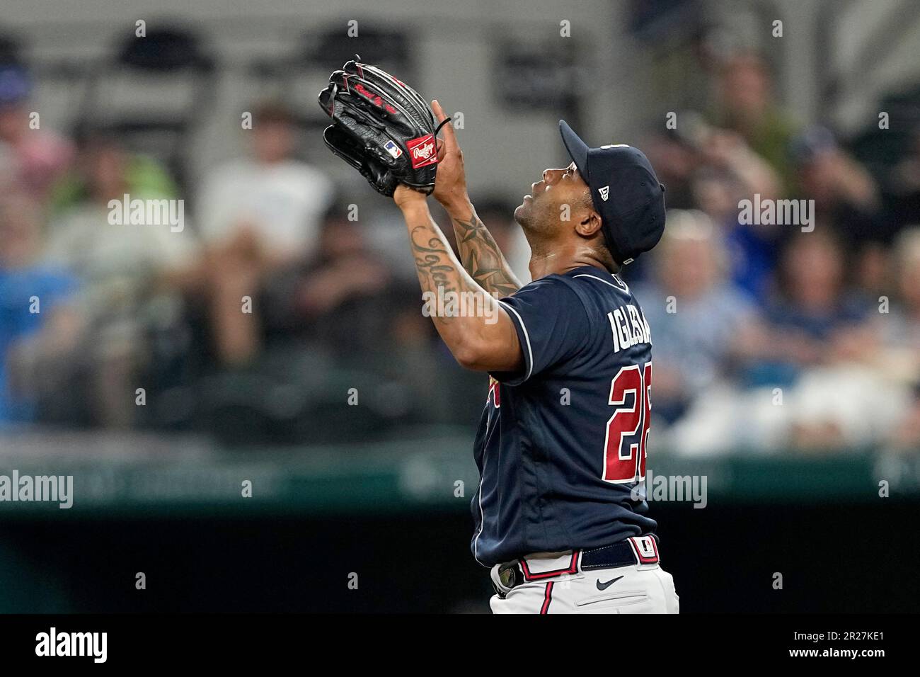 Atlanta Braves relief pitcher Raisel Iglesias celebrates the final out