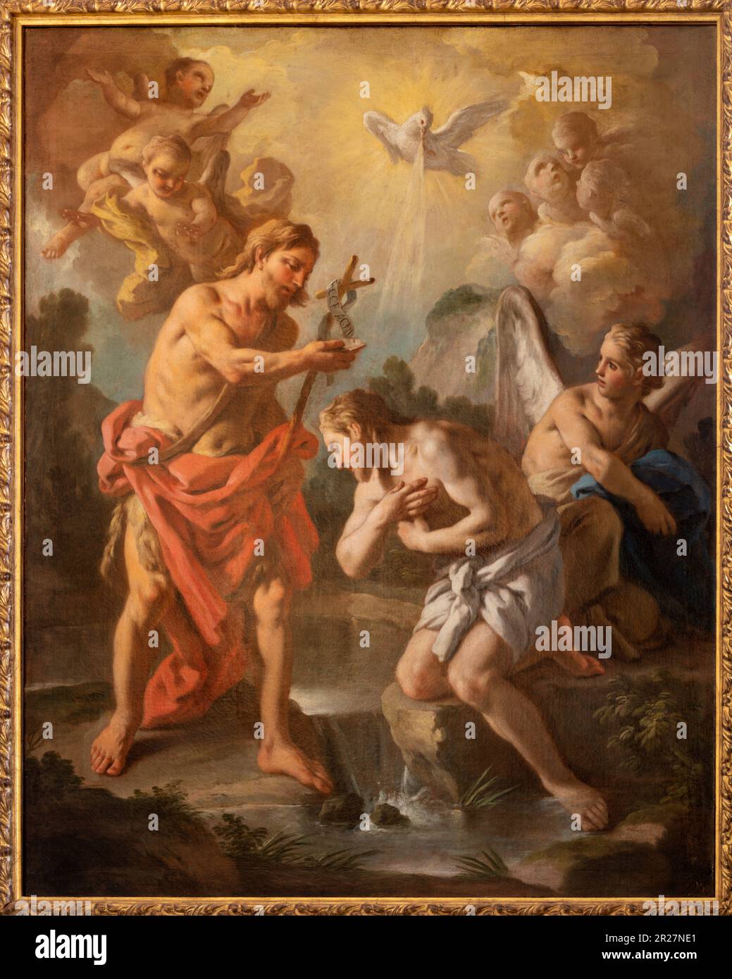 NAPLES, ITALY - APRIL 22, 2023: The painting of Batptism of Christ in the church Chiesa della Pietà dei Turchini by Francesco De Mura (1732). Stock Photo